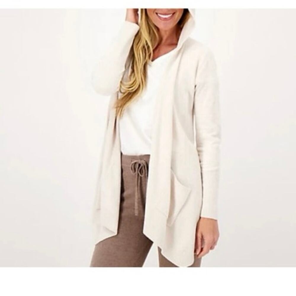 Barefoot Dreams Cream Cozy Chic Ultra Lite Hooded Long Cardigan Med Lounge Layer